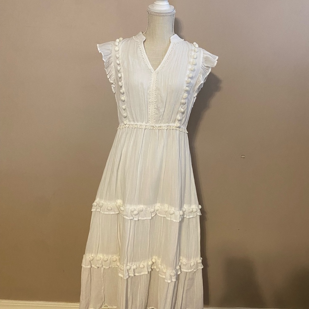 Crown & Ivy White Midi Dress with Pom Pom Details